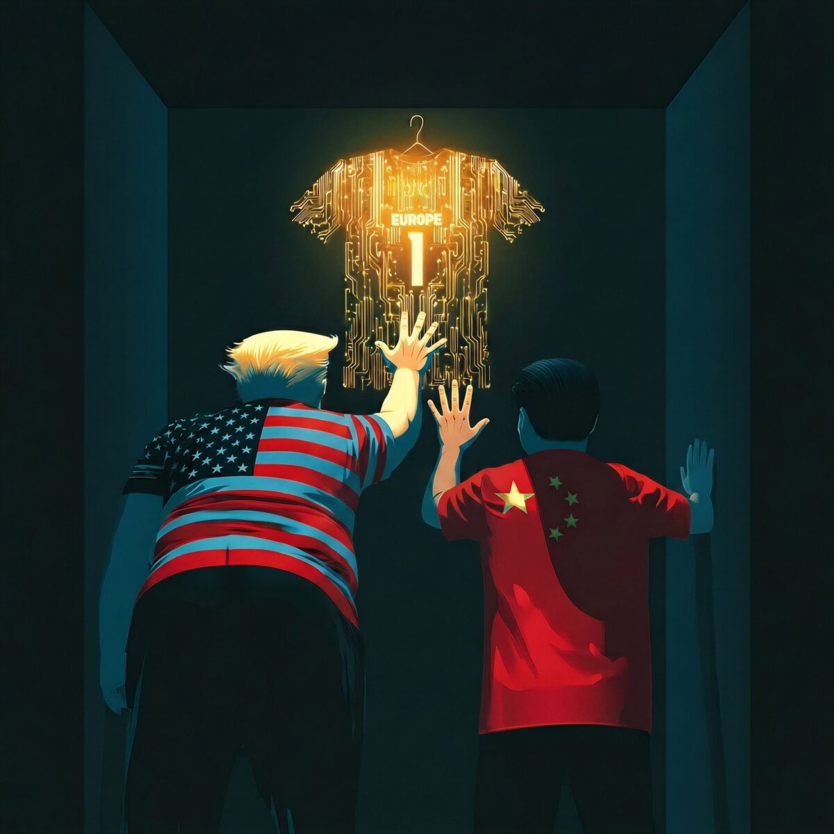 Illustration de deux hommes portant les drapeaux américain et chinois tendant la main vers un maillot doré numéro 1.