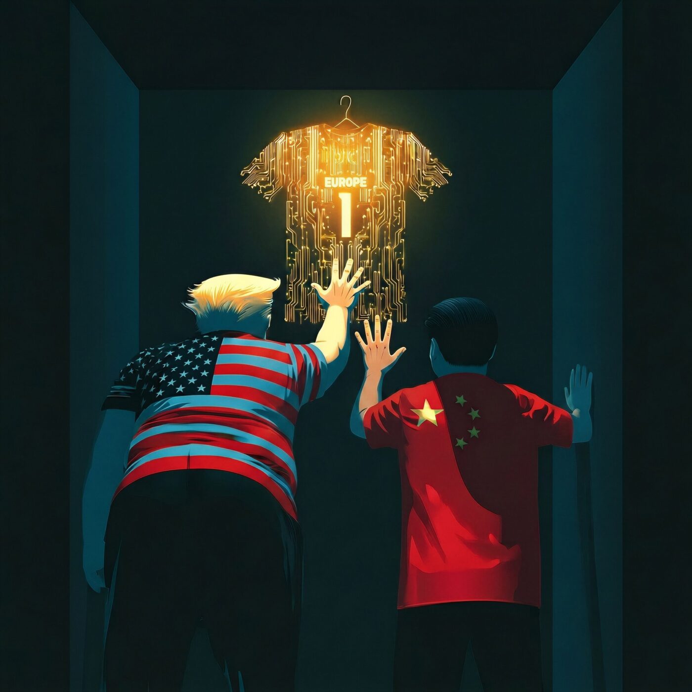 Illustration de deux hommes portant les drapeaux américain et chinois tendant la main vers un maillot doré numéro 1.
