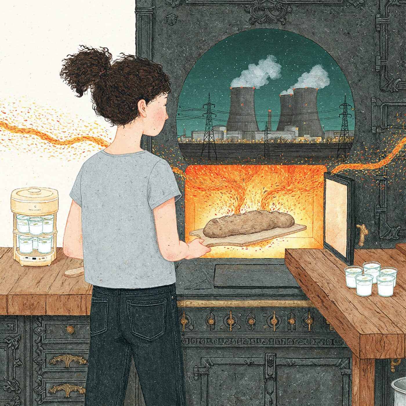 Illustration d'une jeune femme cuisant du pain dans un four chaleureux sur fond de centrale nucléaire.