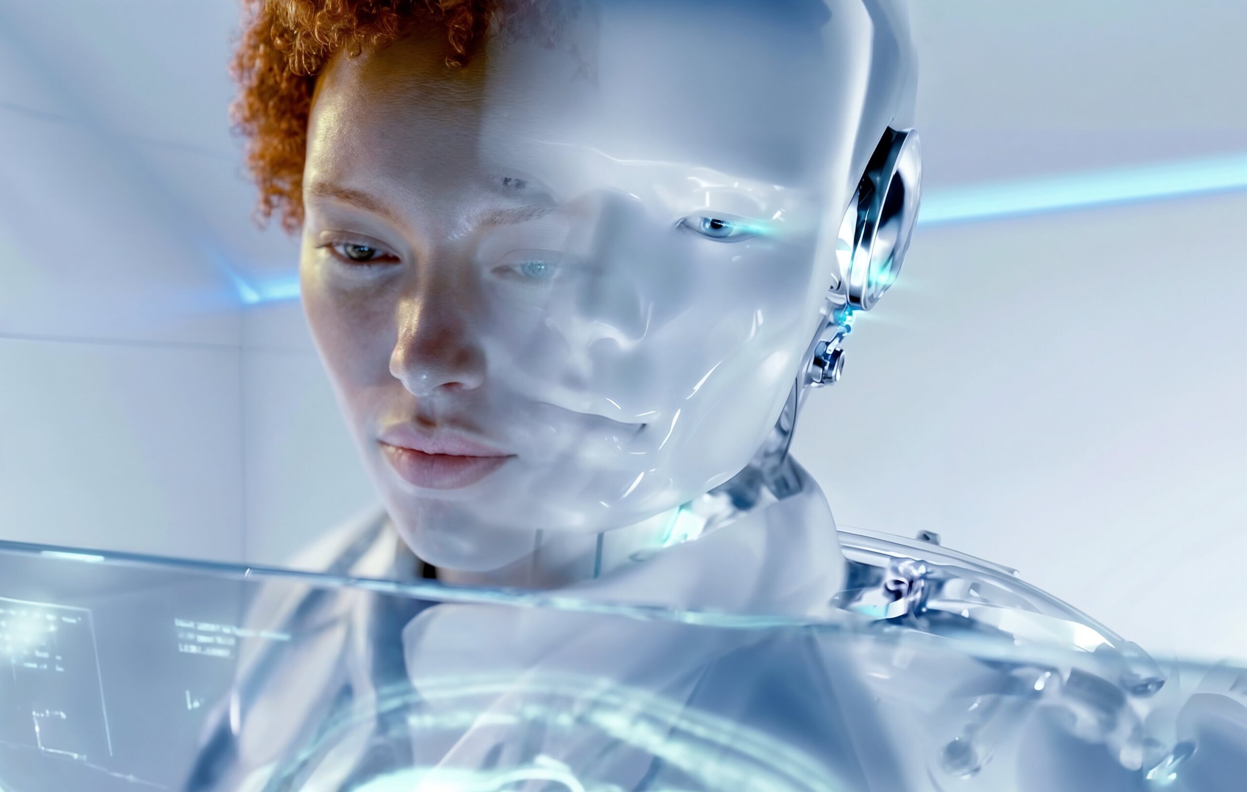 Gros plan sur Céleste aux cheveux roux, dont le visage se superpose à celui d'un robot argenté.
