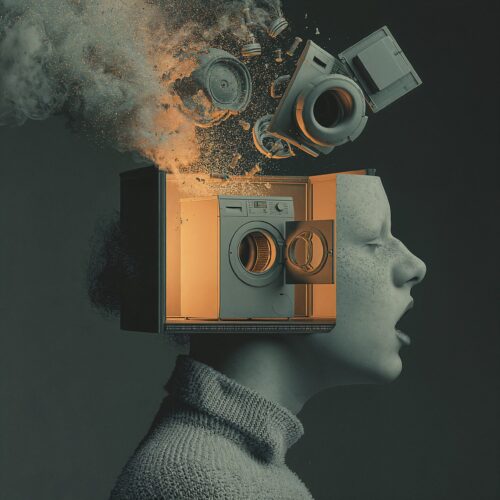 Montage surréaliste d'un profil humain dont la tête ouverte contient une machine à laver illuminée.
