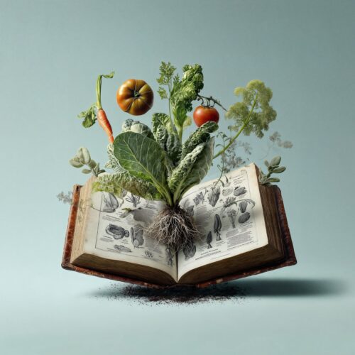Plantes potagères et légumes jaillissant des pages d'un livre ancien ouvert sur fond bleu