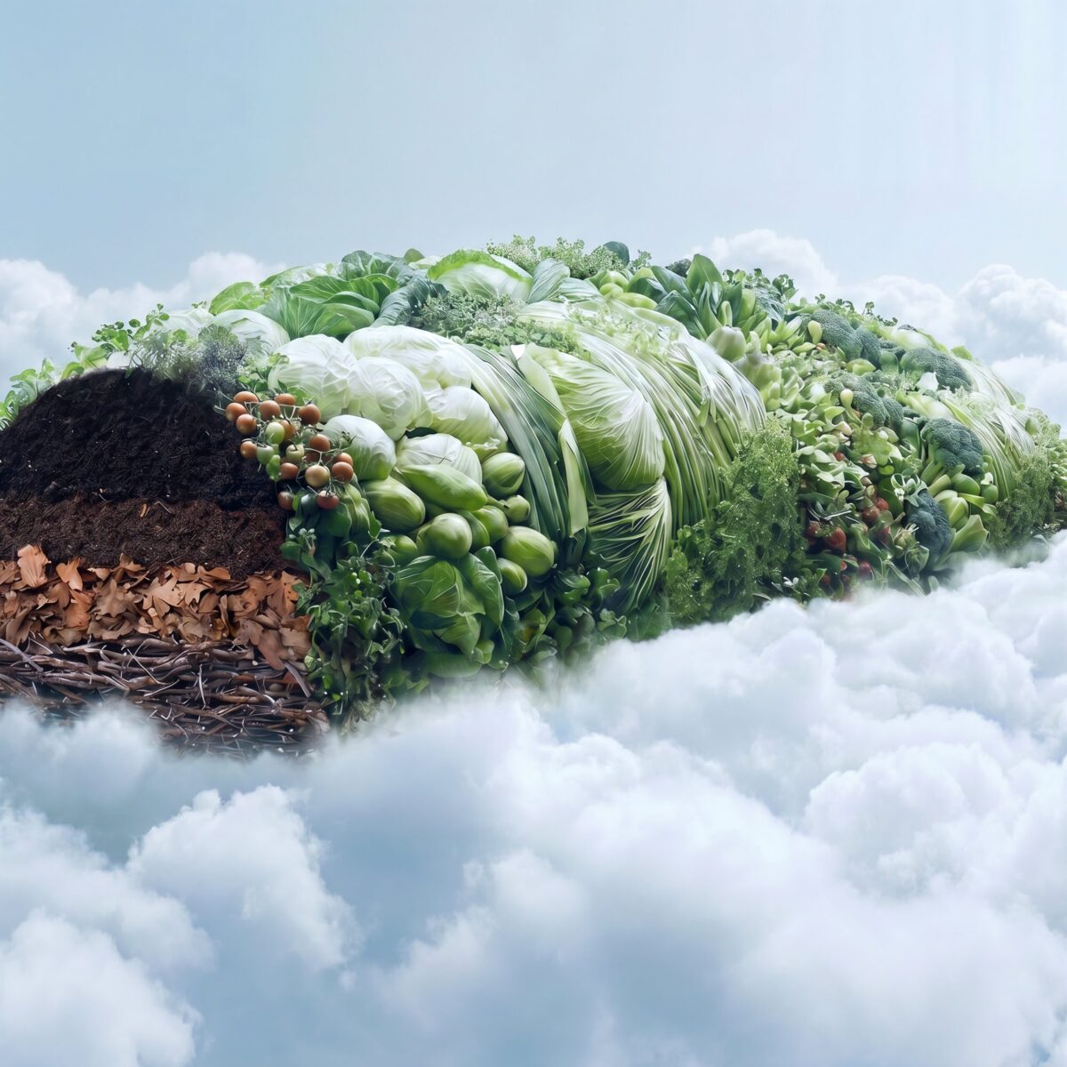 Structure végétale surréaliste flottant dans un ciel nuageux