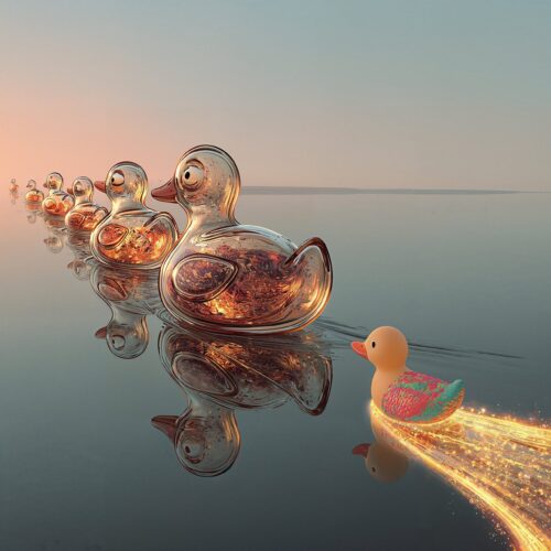 Alignement de canards en verre lumineux sur l'eau devancés par un petit canard rapide