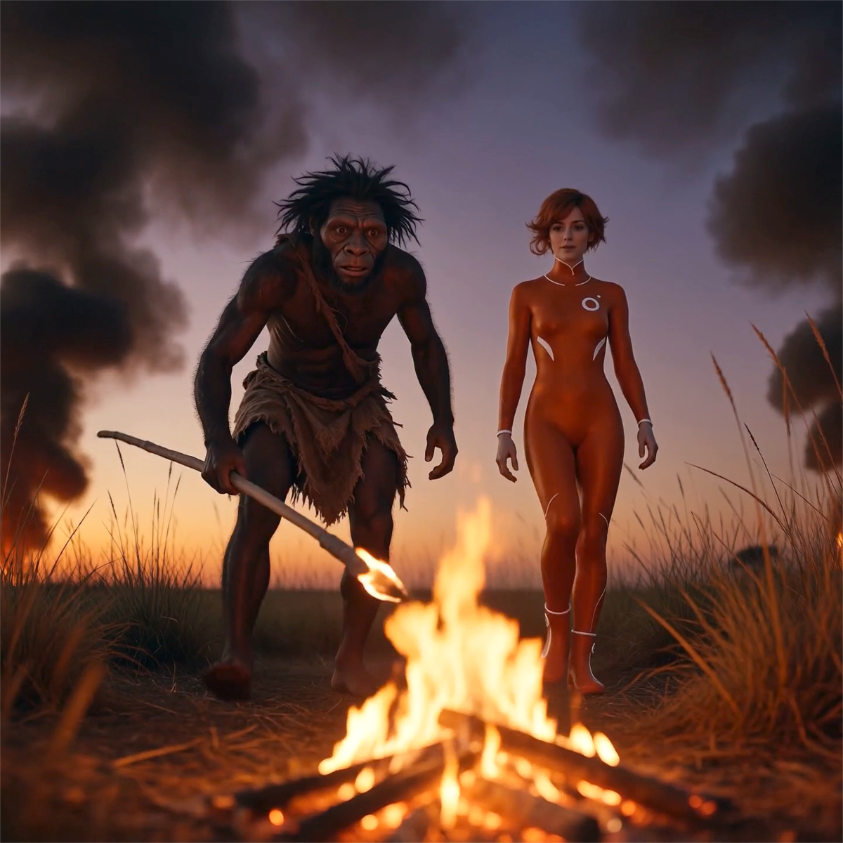 Céleste aux côtés d'un homme préhistorique près d'un feu de camp au crépuscule.