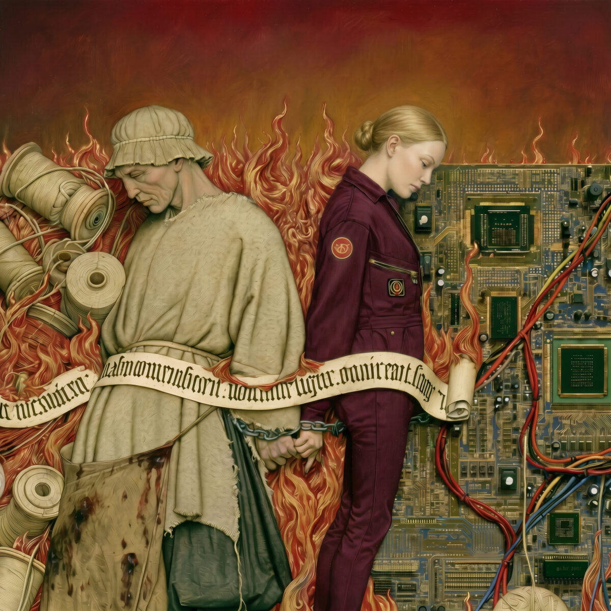 Peinture sur fond enflammé opposant un soldat historique et une femme devant une carte mère électronique.