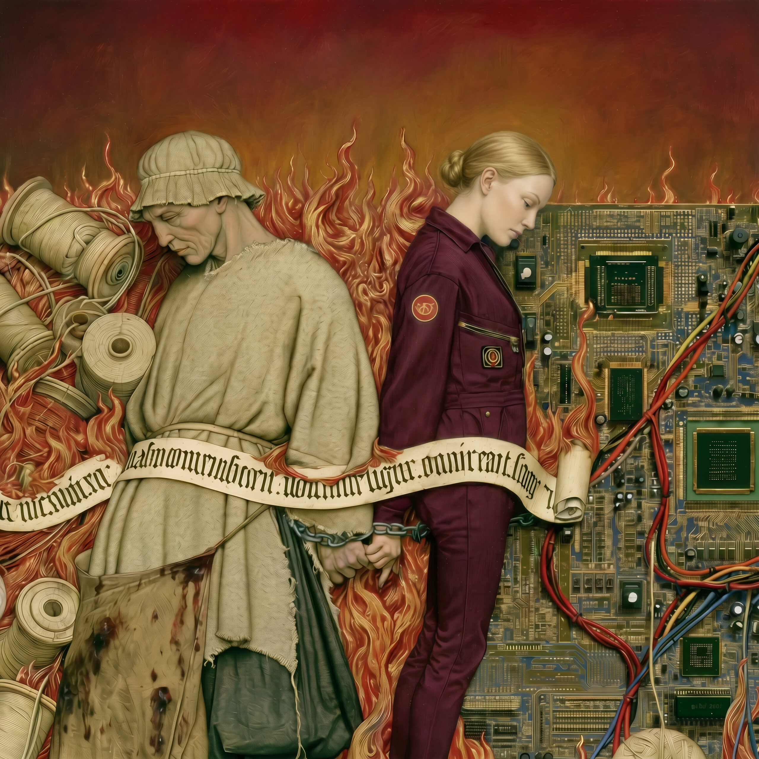 Peinture sur fond enflammé opposant un soldat historique et une femme devant une carte mère électronique.