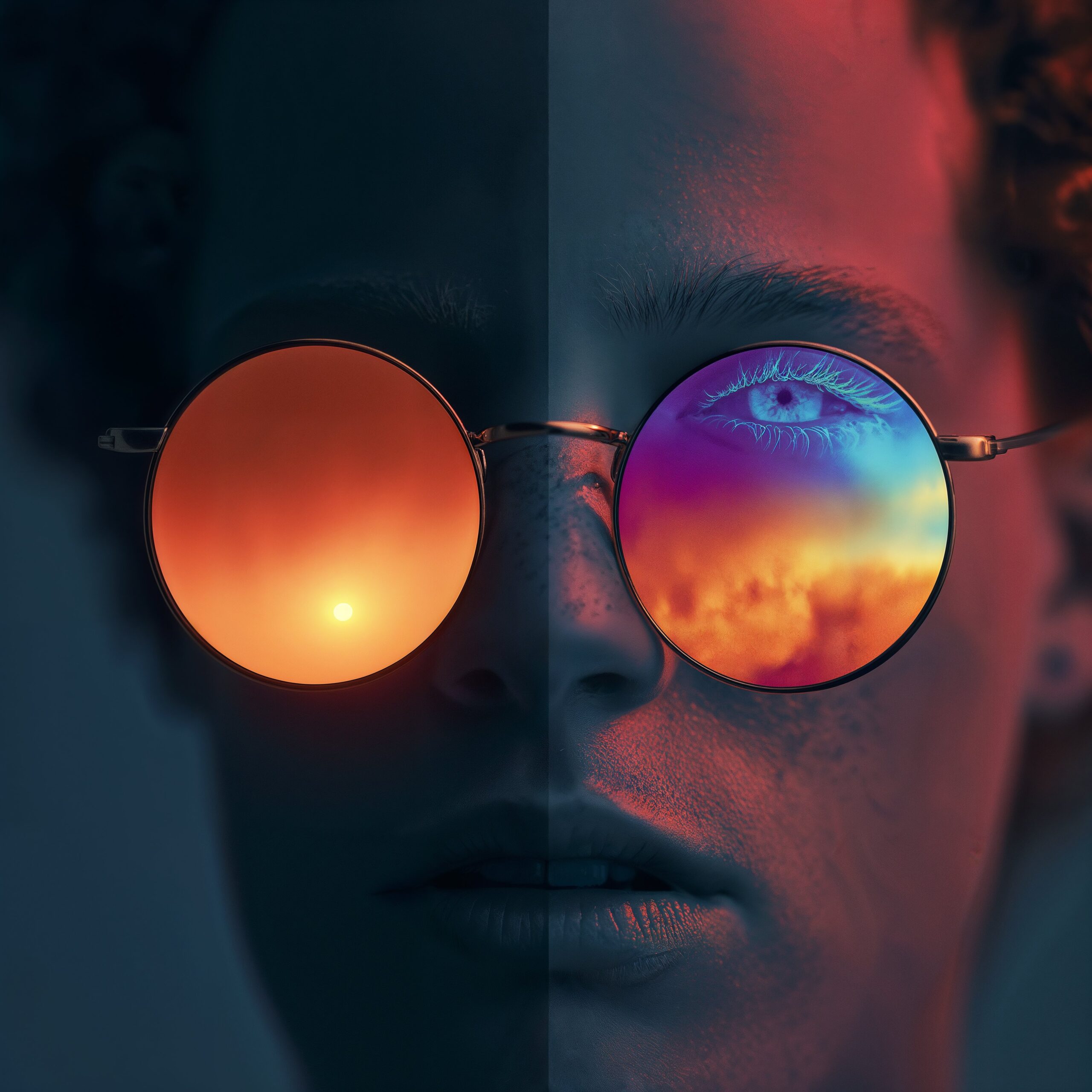 Gros plan sur Céleste portant des lunettes de soleil rondes aux reflets lumineux et psychédéliques.