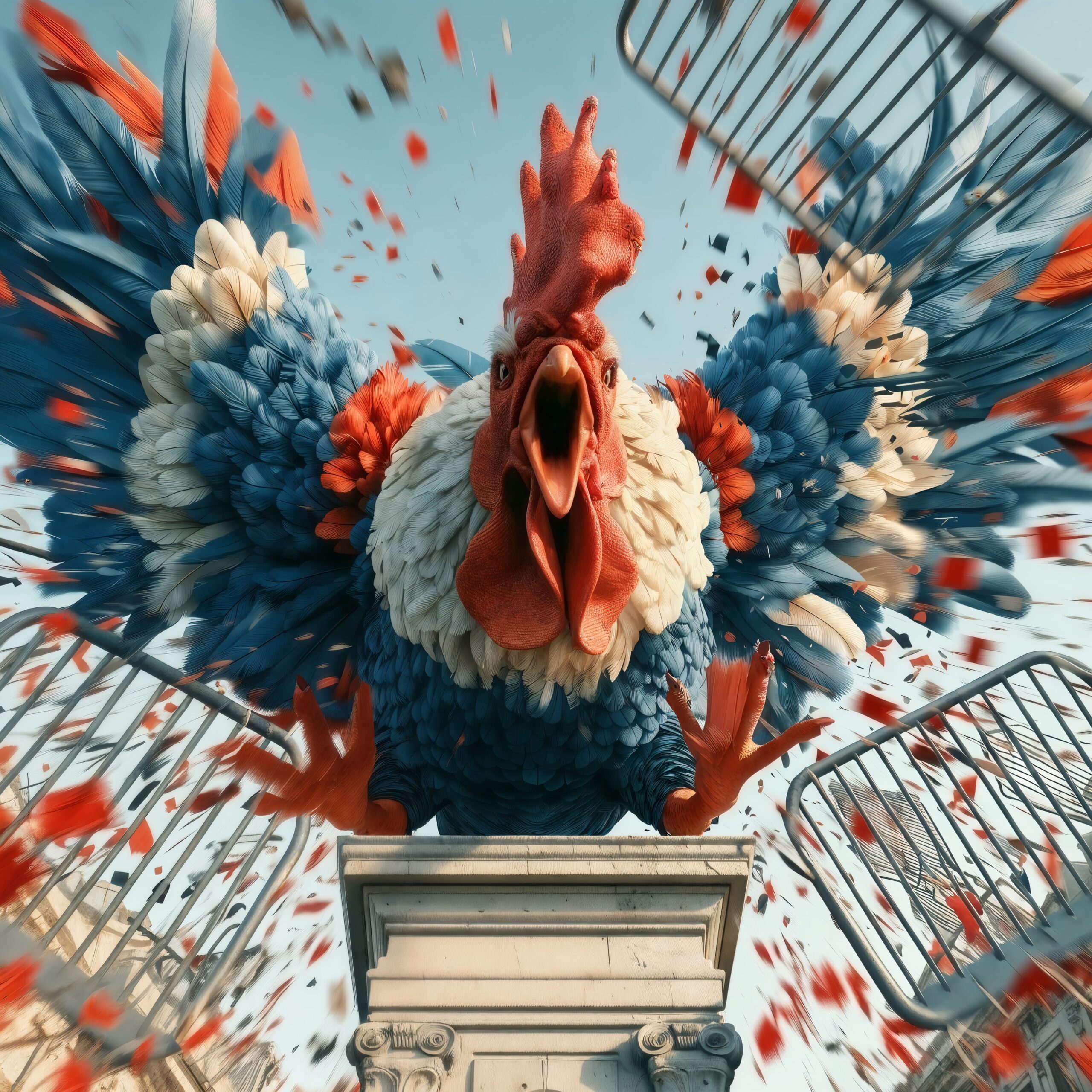 Un coq majestueux aux couleurs bleu, blanc et rouge s'échappe avec force d'une cage brisée.