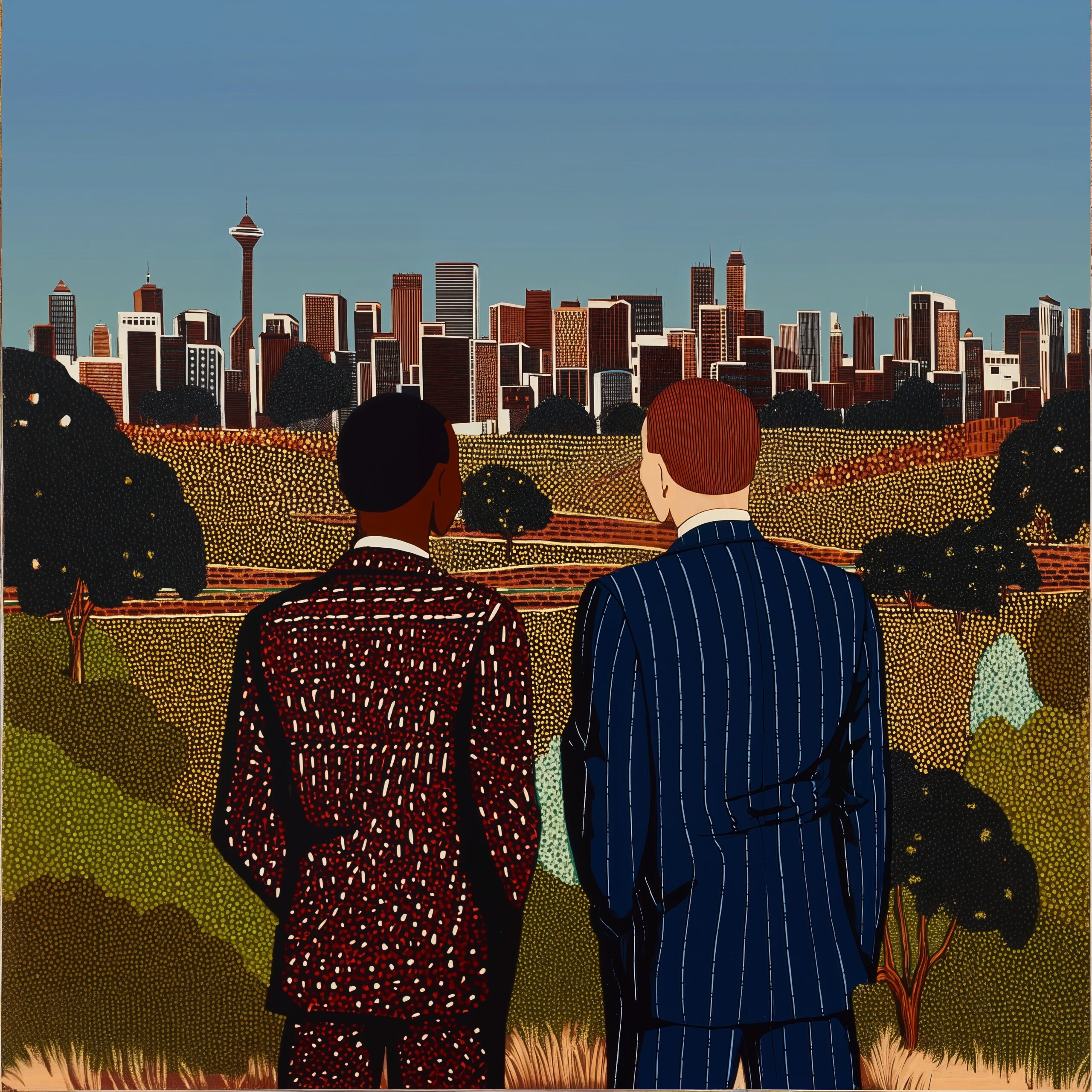 Céleste et son compagnon en costume contemplent la ligne d'horizon d'une grande ville depuis une colline.