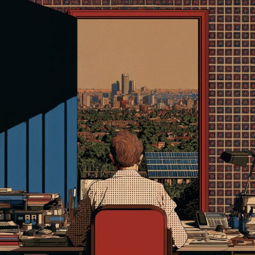 Céleste assise de dos à son bureau devant une vue panoramique sur la ville.