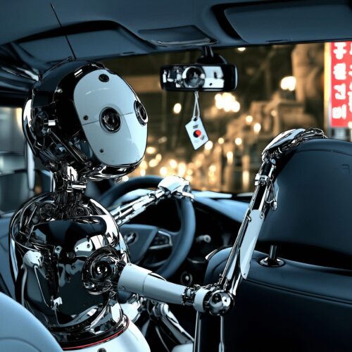 Un robot humanoïde métallique assis au volant d'une voiture la nuit en ville.