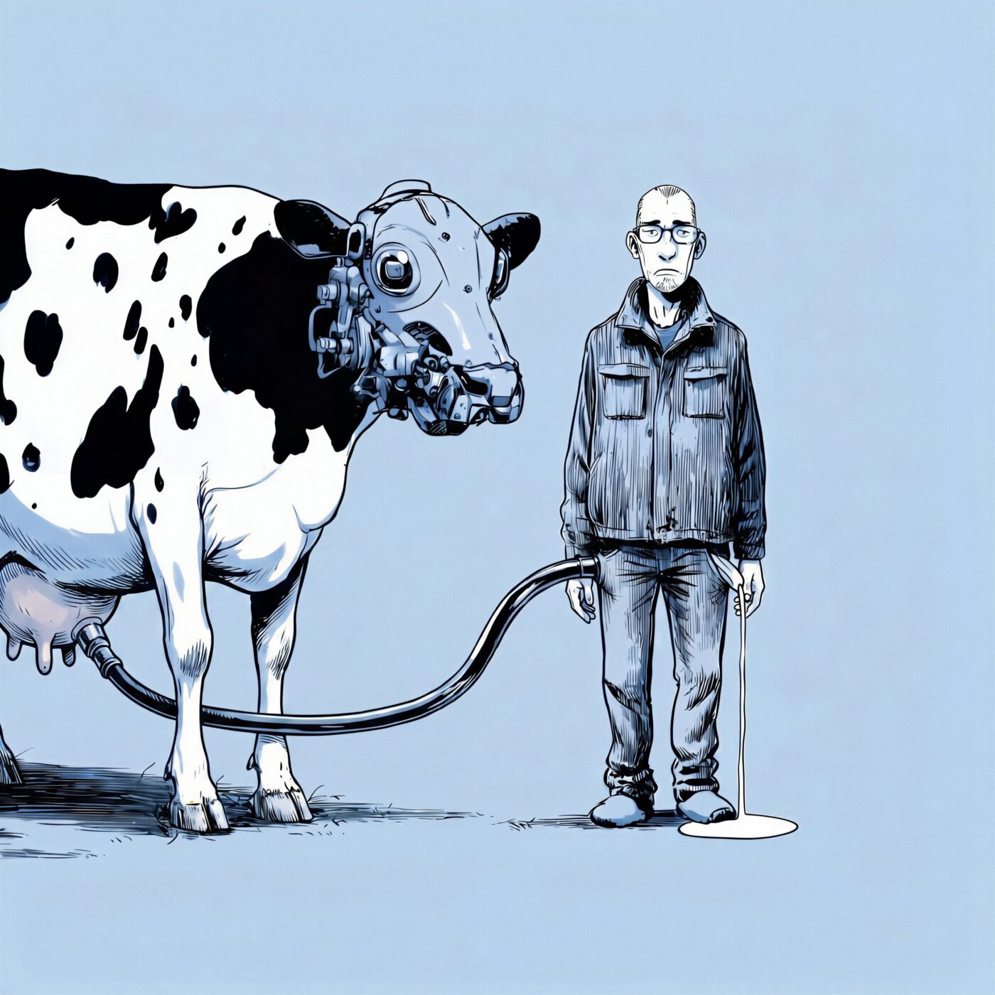Illustration d'une vache portant un casque de réalité virtuelle et reliée par un tuyau à un homme immobile.