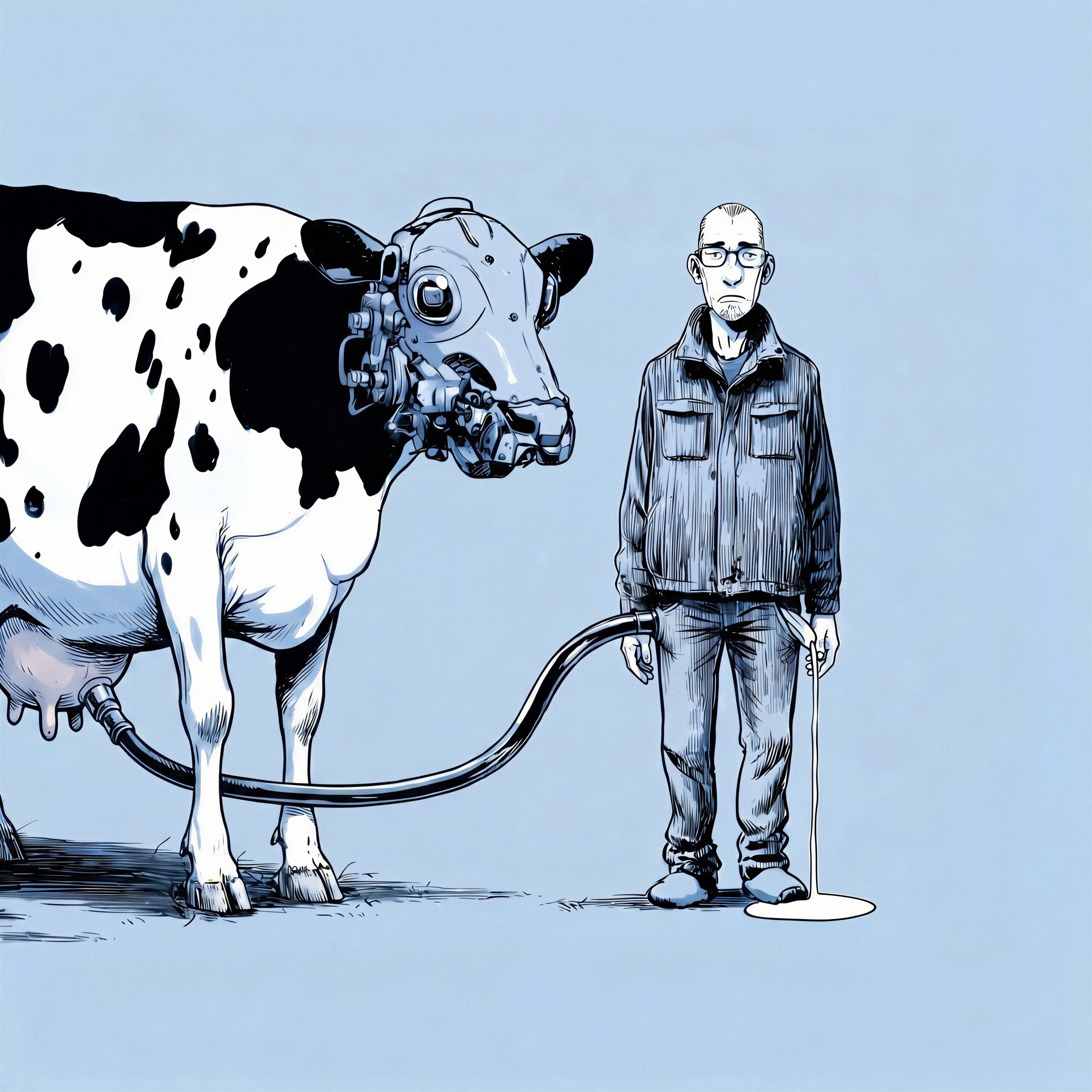 Illustration d'une vache portant un casque de réalité virtuelle et reliée par un tuyau à un homme immobile.