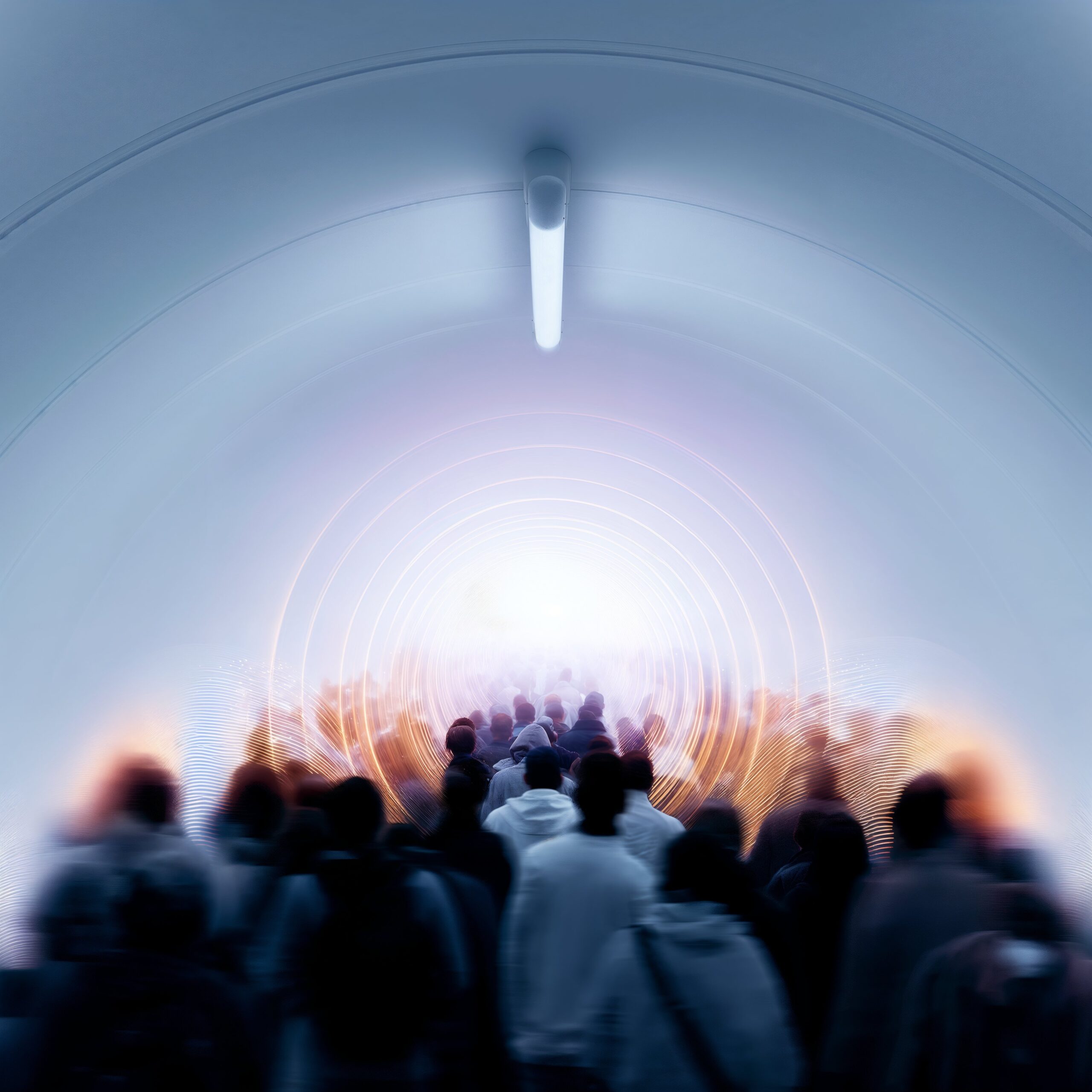 Foule de silhouettes marchant dans un tunnel voûté vers une lumière éclatante.