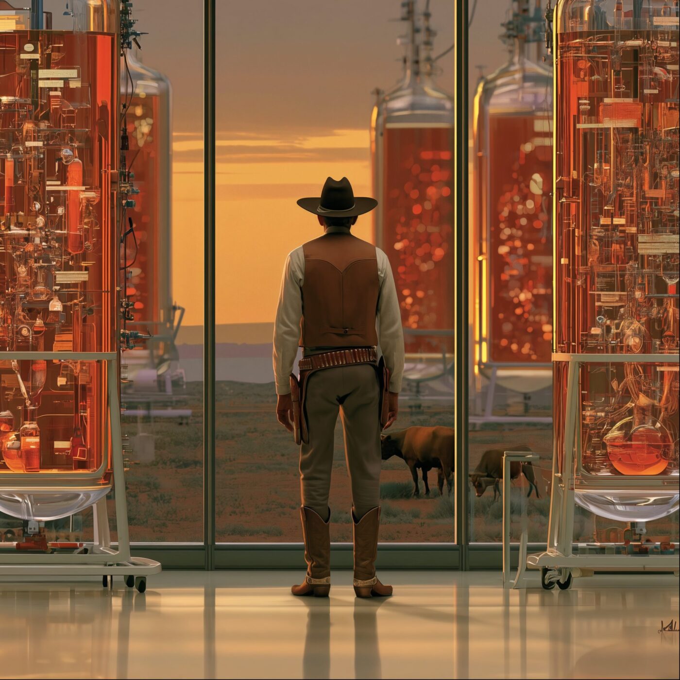 Un cow-boy vu de dos regarde par une baie vitrée un paysage désertique au coucher du soleil, entouré de réservoirs futuristes.
