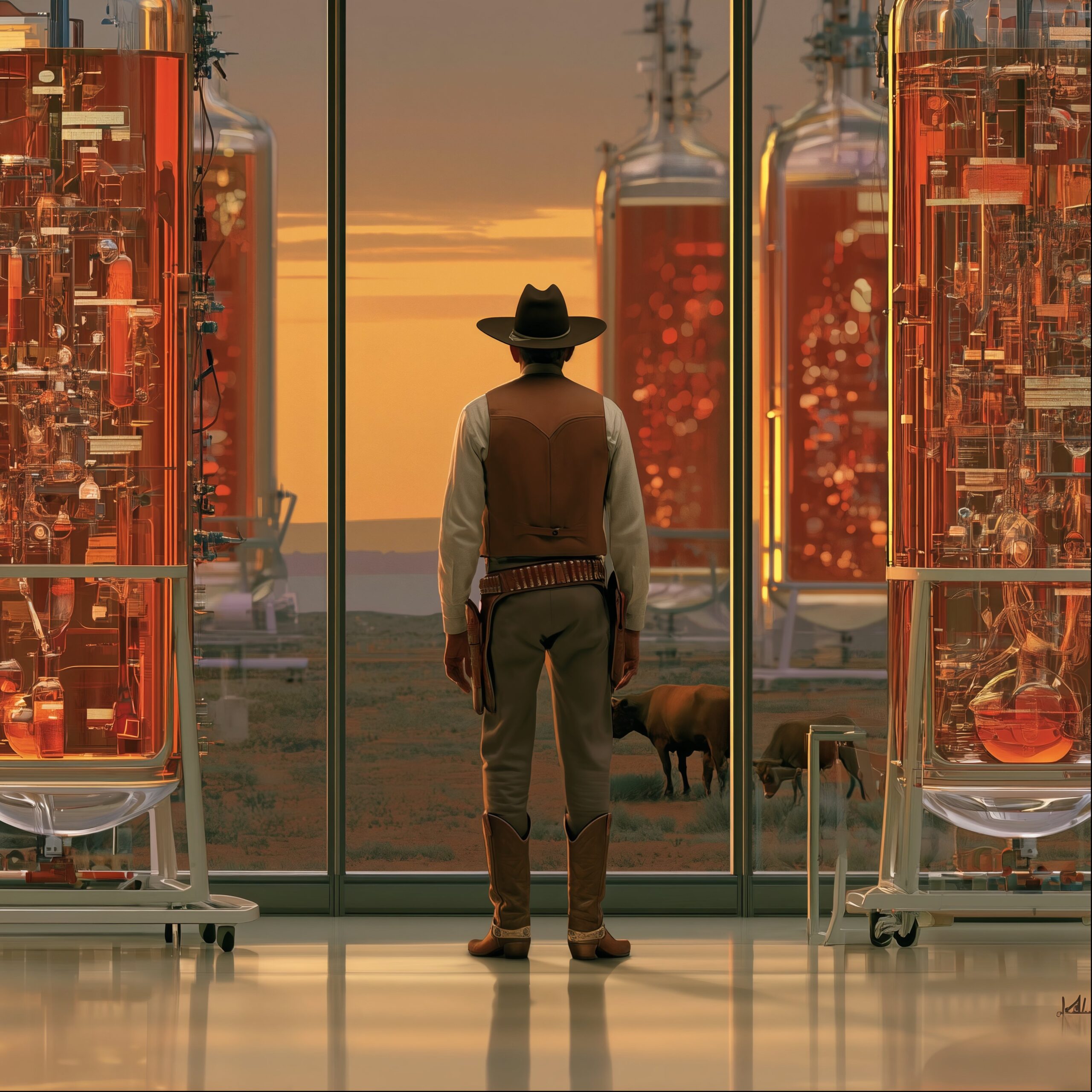 Un cow-boy vu de dos regarde par une baie vitrée un paysage désertique au coucher du soleil, entouré de réservoirs futuristes.