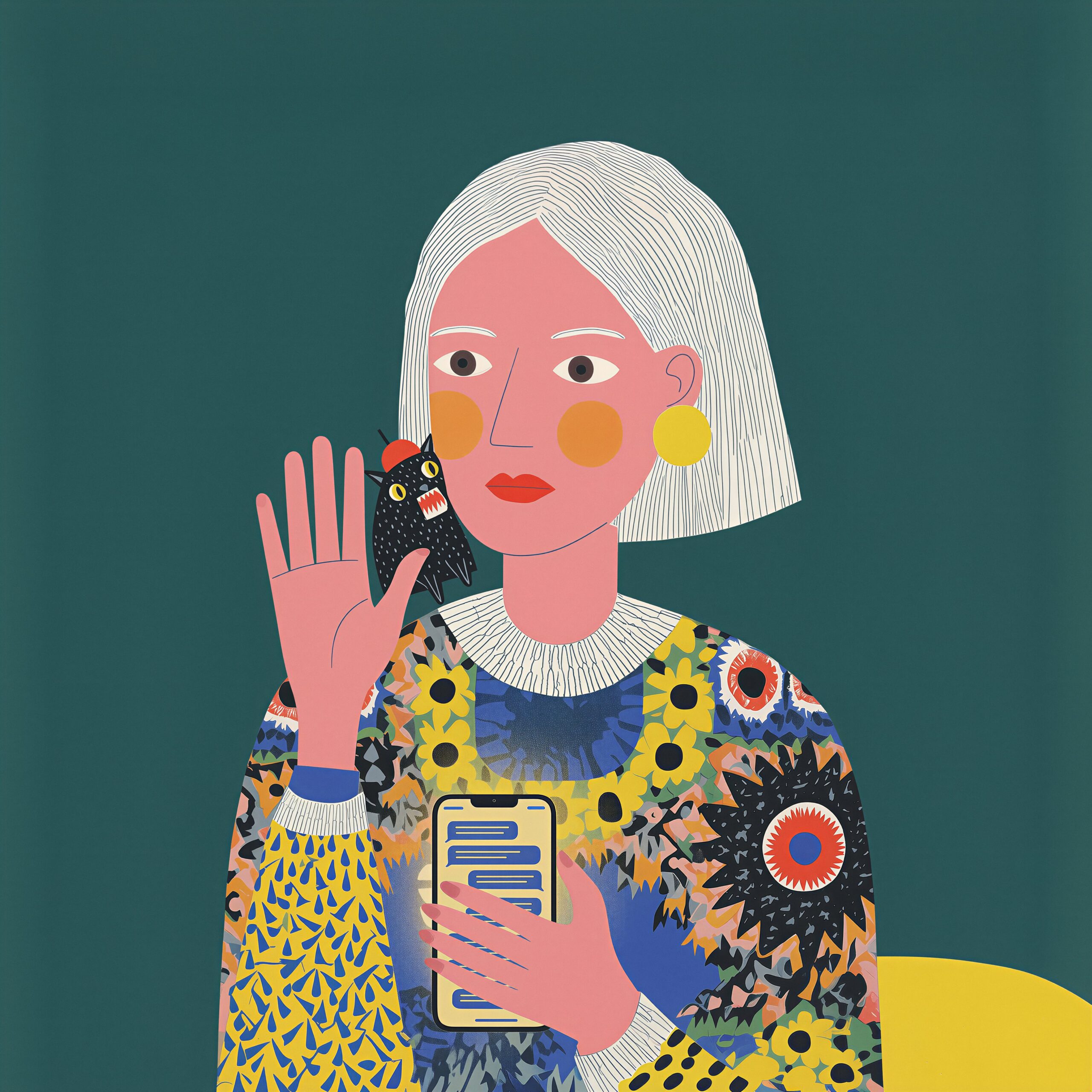 Illustration d'une femme aux cheveux blancs tenant un smartphone, une main levée près d'un petit chat noir.