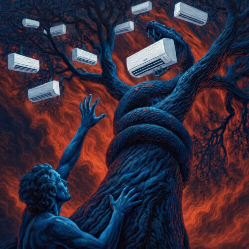 Un homme bleu tend la main vers des climatiseurs suspendus aux branches d'un arbre encerclé par un serpent dans un décor de feu.