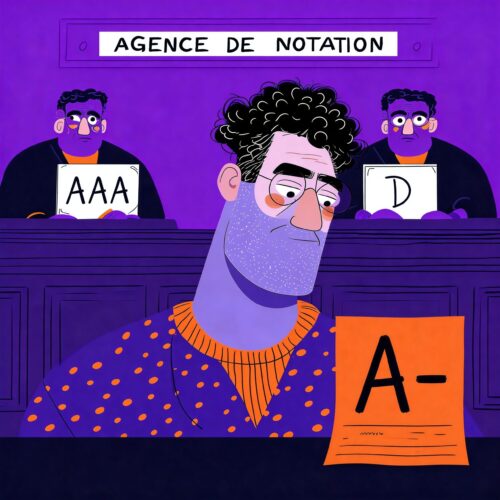Illustration d'un homme examinant sa note A- devant deux juges d'une agence de notation brandissant les fiches AAA et D.