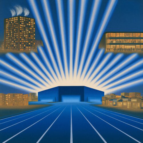 Illustration surréaliste d'une piste de course bleue menant à un bâtiment central sous des rayons de lumière.