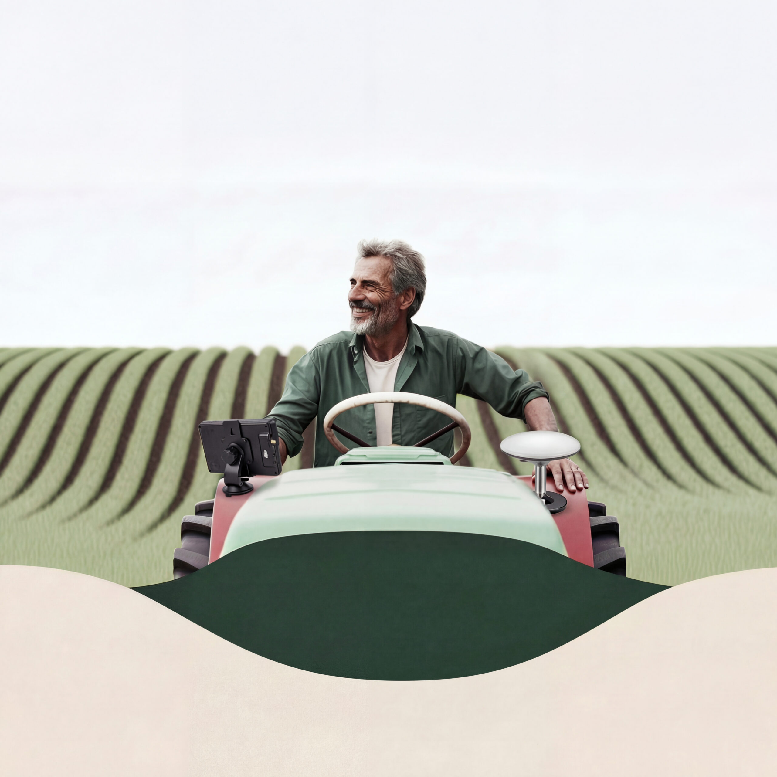 Un agriculteur âgé conduisant un tracteur au milieu d'un champ vert stylisé.