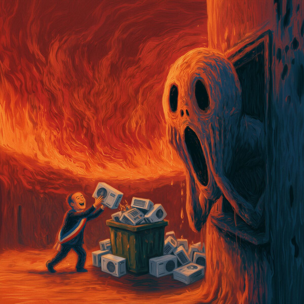 Illustration satirique d'un politicien empilant des climatiseurs dans un paysage en flammes face à une figure hurlante.