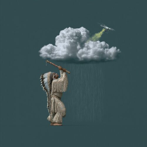 Collage surréaliste d'un chef amérindien pointant un bâton vers un nuage d'où émerge une baleine.