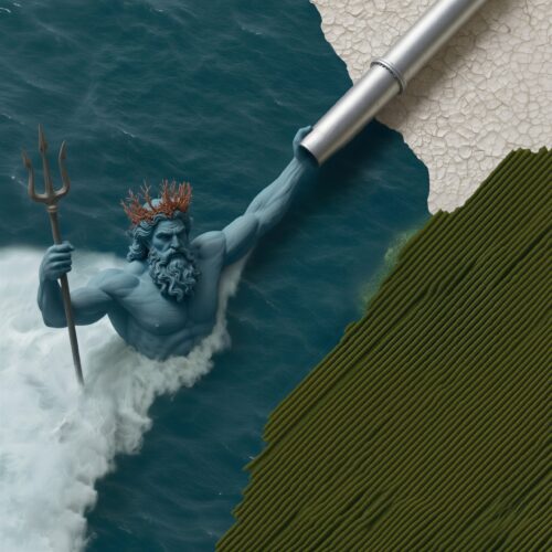 Illustration créative du dieu Neptune émergeant de l'océan avec son trident.
