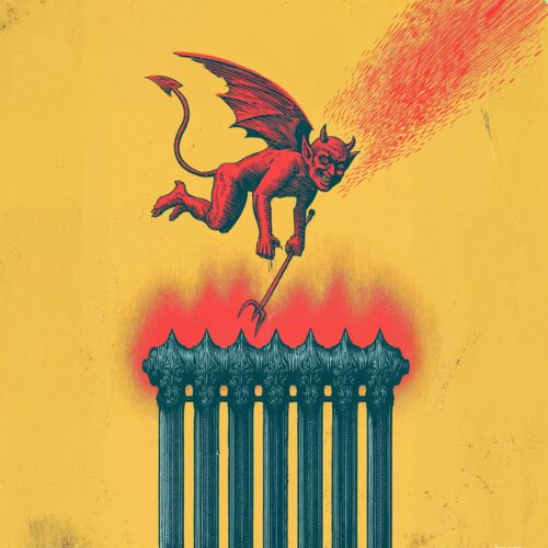 Illustration vintage d'un petit diable rouge crachant du feu au-dessus d'un radiateur en flammes.