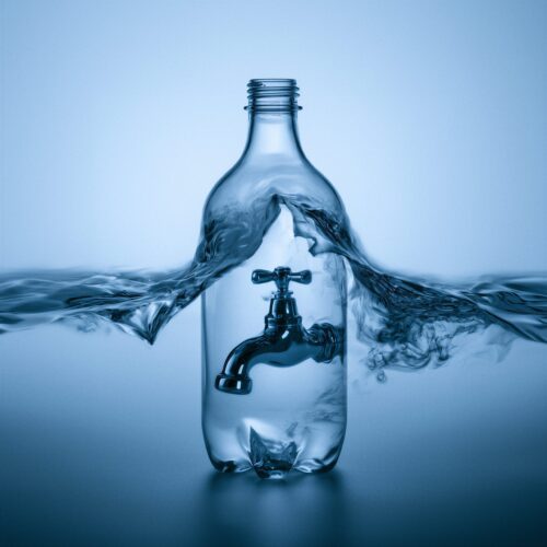 Une bouteille en plastique transparente contenant un robinet métallique, entourée d'une vague d'eau en mouvement.