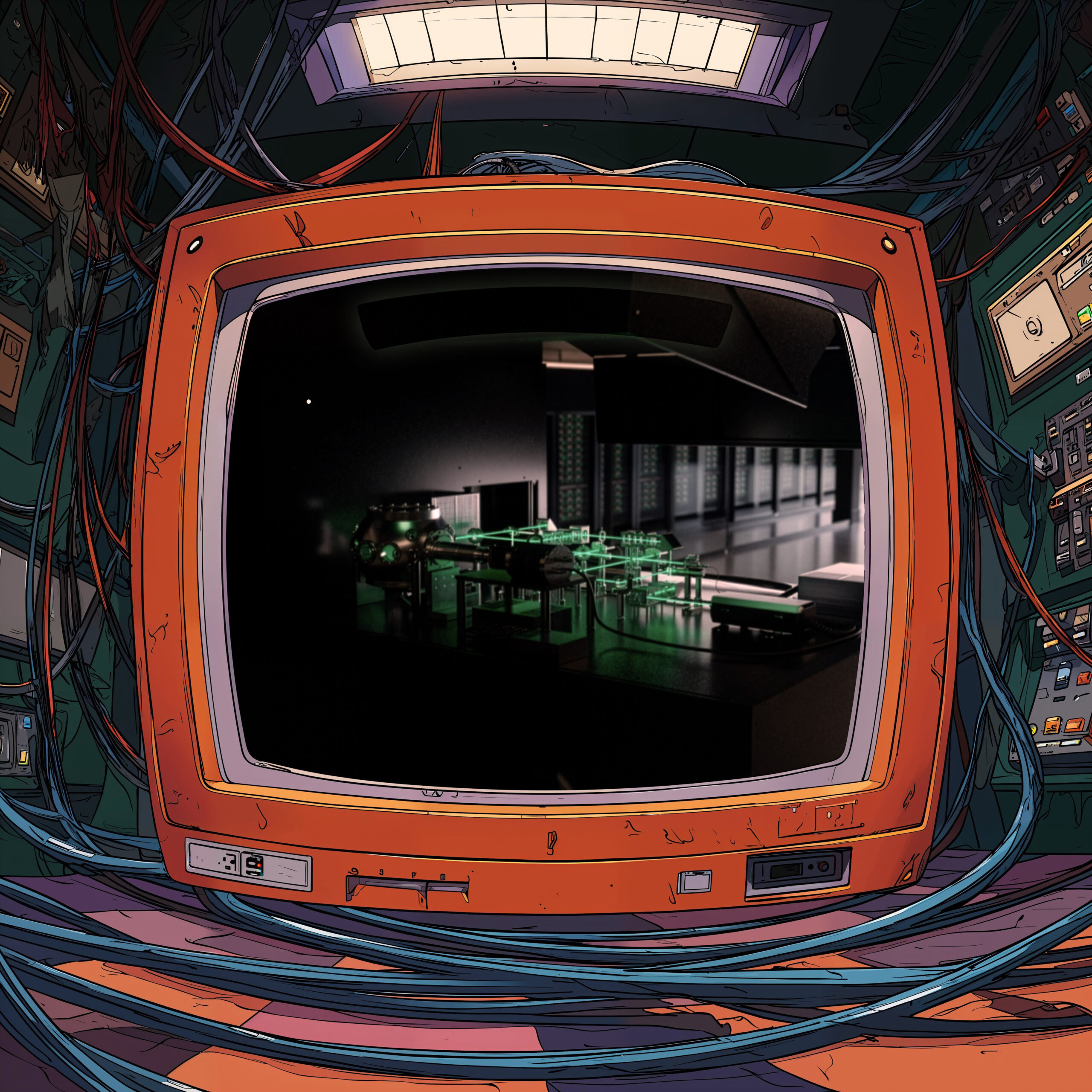 Écran cathodique orange rétro-futuriste entouré de câbles et affichant une vue intérieure sombre.