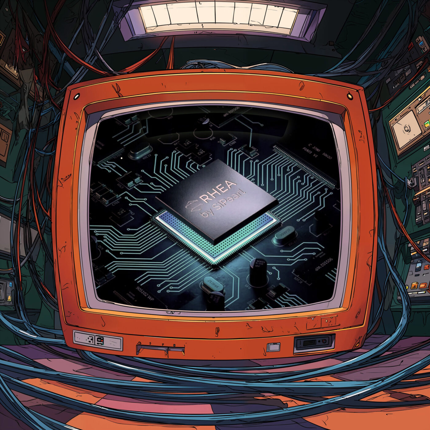 Écran de télévision rétro orange affichant un microprocesseur sur une carte de circuit imprimé.
