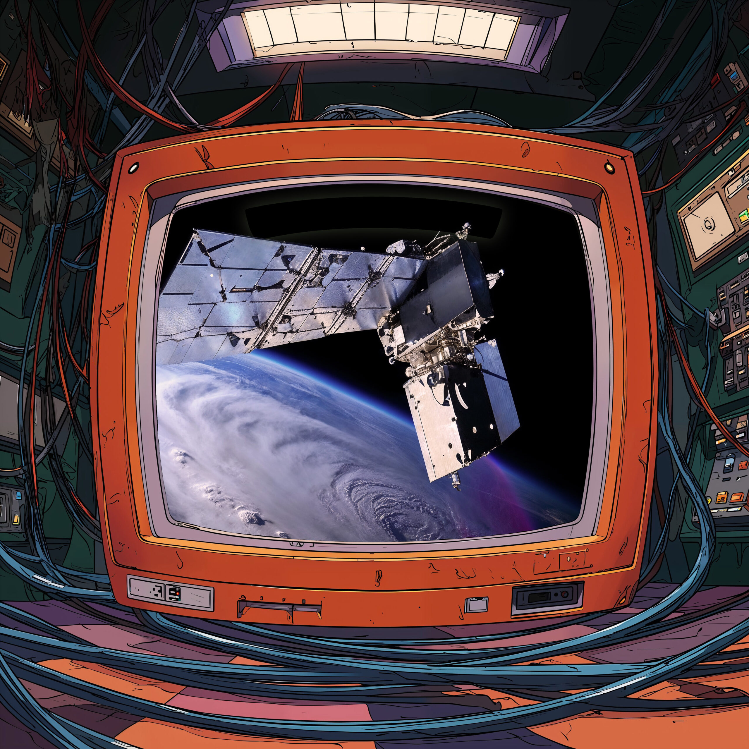 Un téléviseur rétro orange affichant un satellite en orbite au-dessus de la Terre.