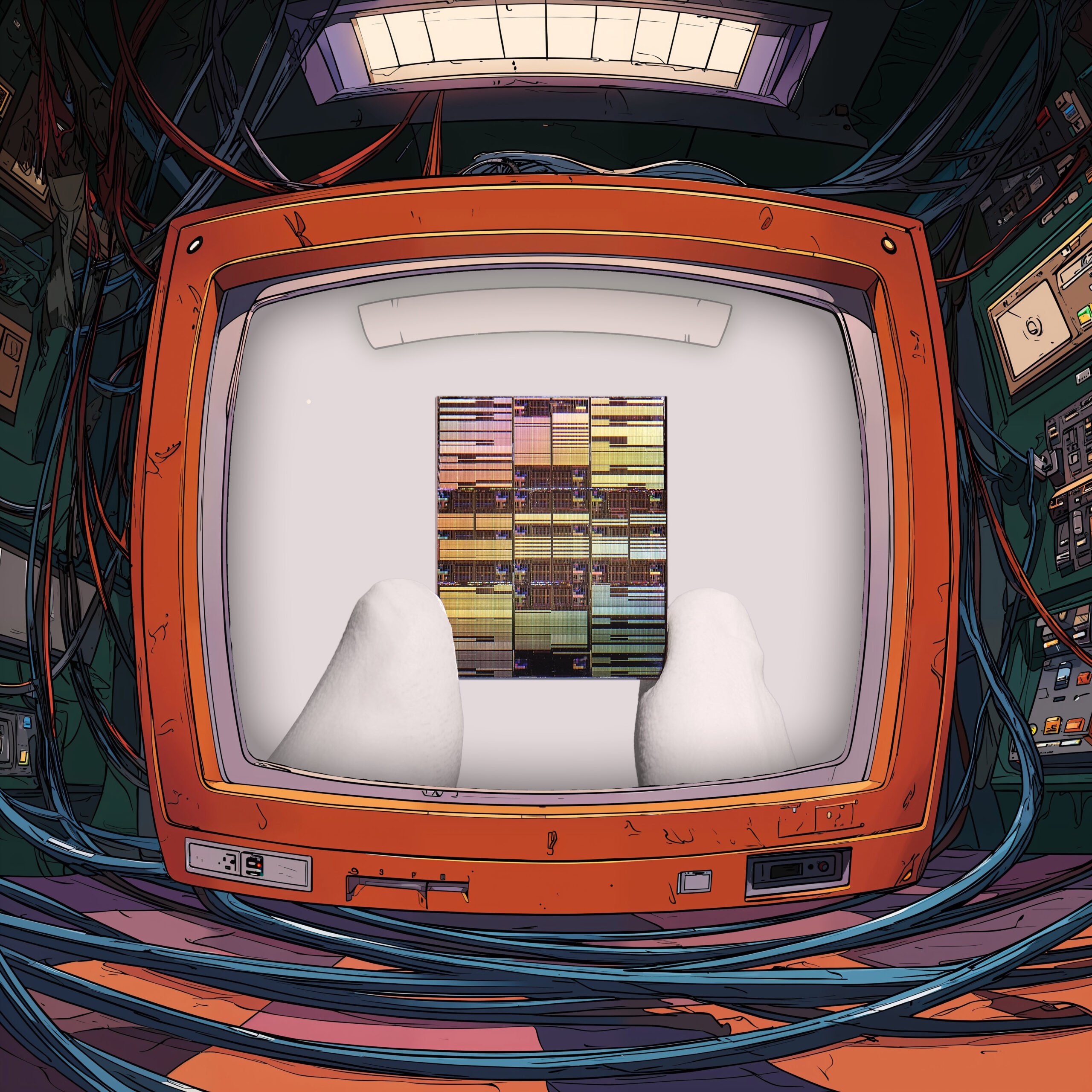 Un téléviseur rétro orange entouré de câbles affichant un cockpit futuriste blanc.