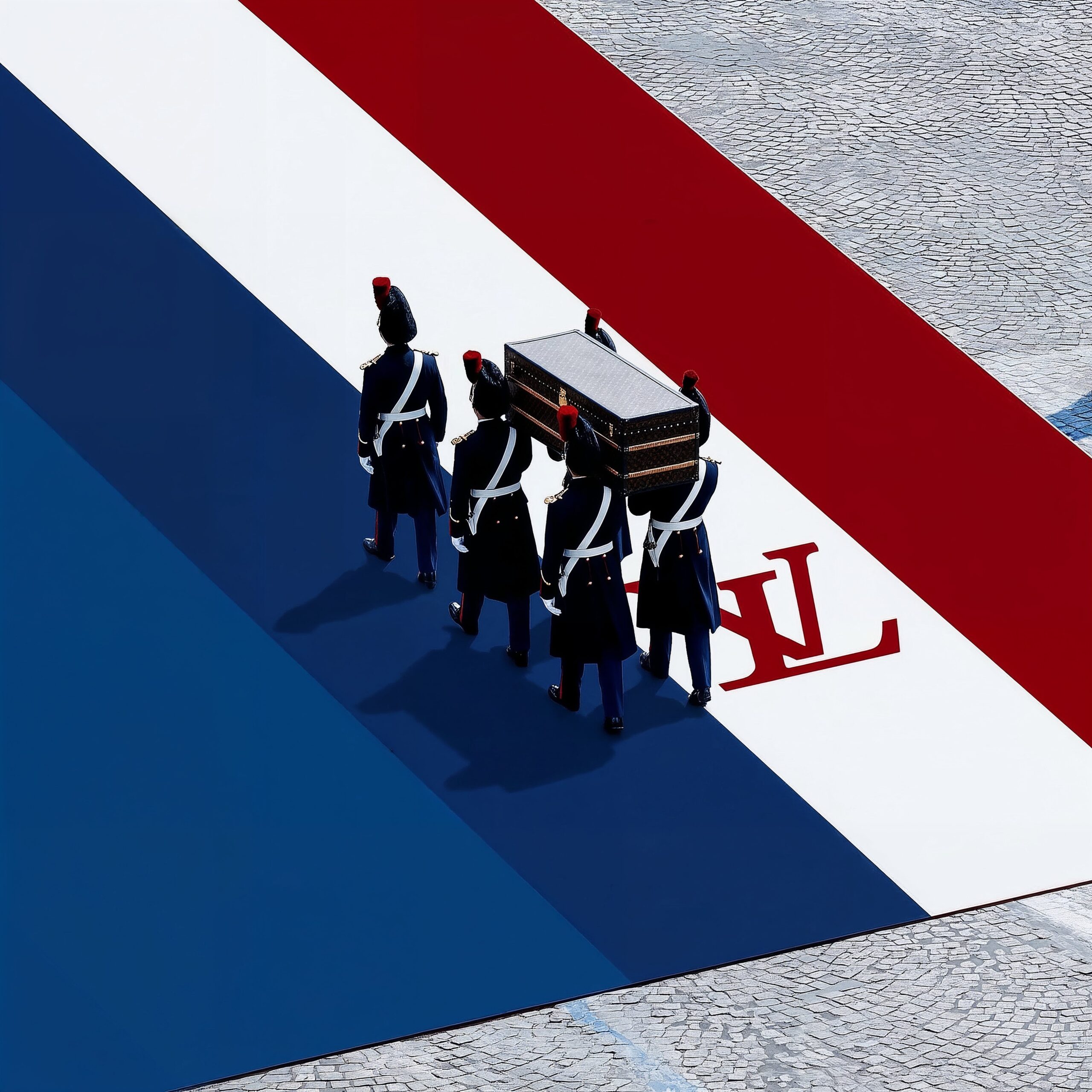 Garde d'honneur portant un cercueil en procession sur un drapeau bleu, blanc, rouge.