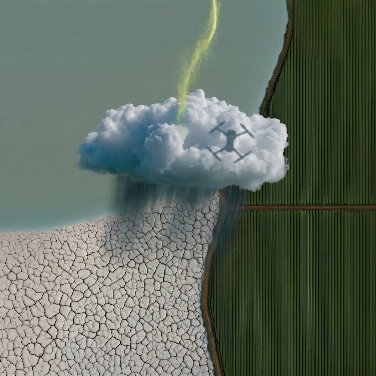 Nuage d'orage déversant de la pluie sur un sol aride et fissuré bordé par un champ verdoyant.