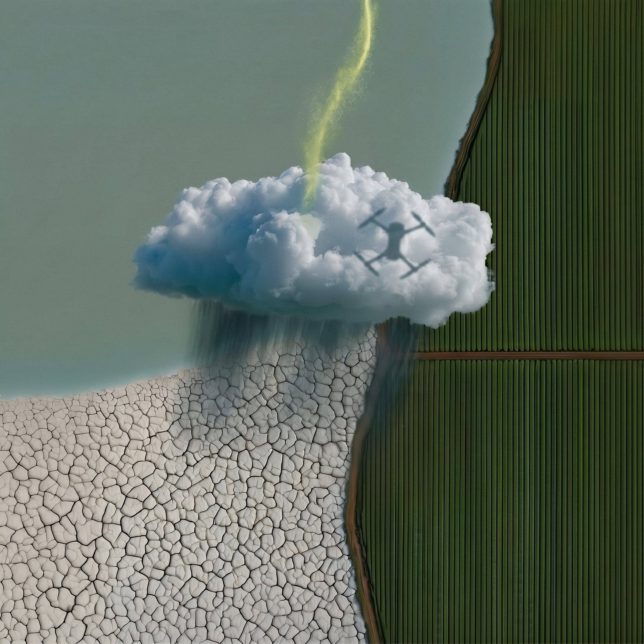 Nuage d'orage déversant de la pluie sur un sol aride et fissuré bordé par un champ verdoyant.
