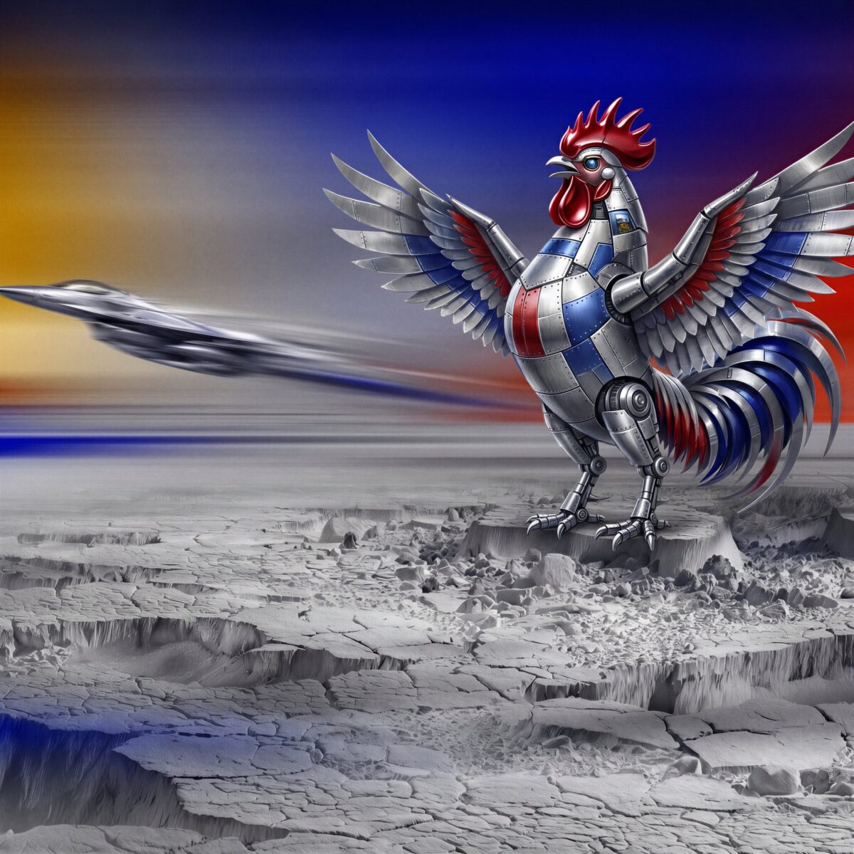 Coq métallique aux couleurs bleu, blanc, rouge fièrement dressé alors qu'un avion de chasse file en arrière-plan.
