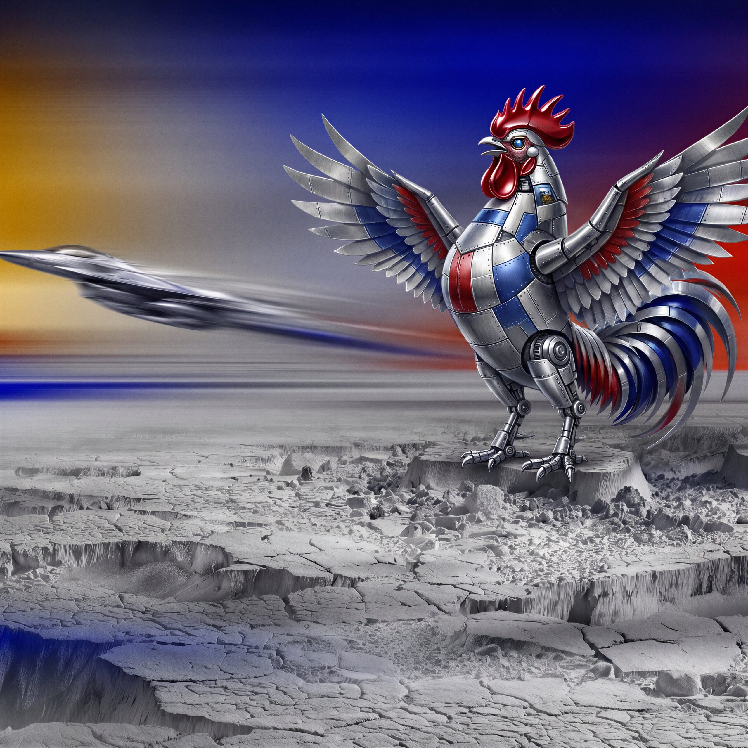 Coq métallique aux couleurs bleu, blanc, rouge fièrement dressé alors qu'un avion de chasse file en arrière-plan.