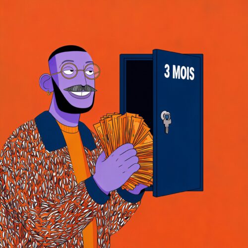 Illustration d'un homme violet avec des lunettes tenant une liasse de billets devant un coffre-fort bleu ouvert.