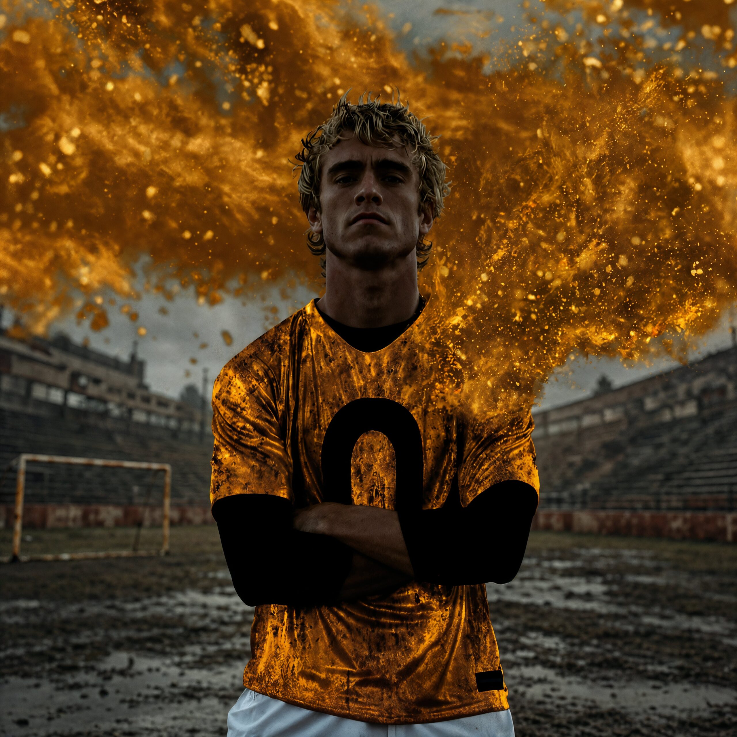 Un joueur de football au maillot doré se tient les bras croisés entouré d'une explosion de flammes sur un terrain boueux.