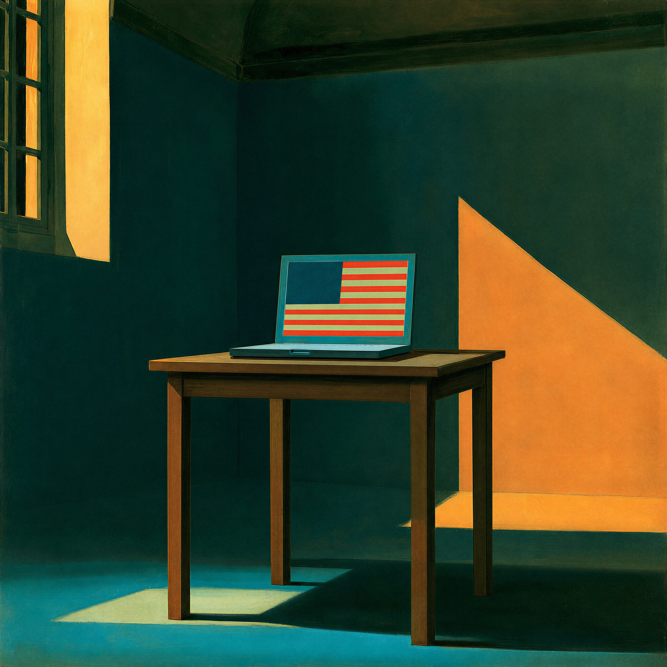 Un ordinateur portable affichant le drapeau américain posé sur une table en bois dans une pièce sombre.