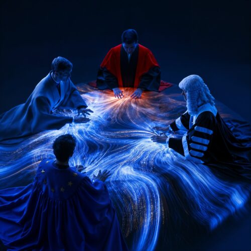 Quatre mages vêtus de robes assis en cercle canalisant de puissants flux d'énergie lumineuse.