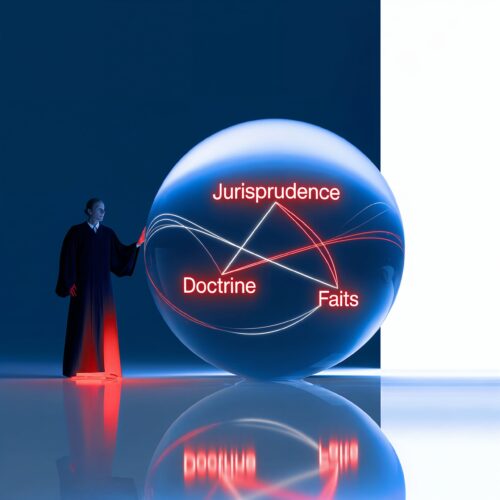 Sphère lumineuse affichant un triangle reliant la jurisprudence, la doctrine et les faits près d'un personnage en robe.