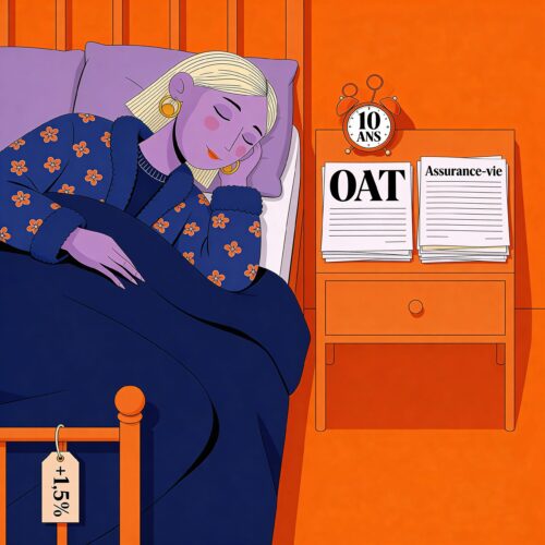 Illustration d'une femme dormant dans un lit à côté de documents financiers sur sa table de chevet.