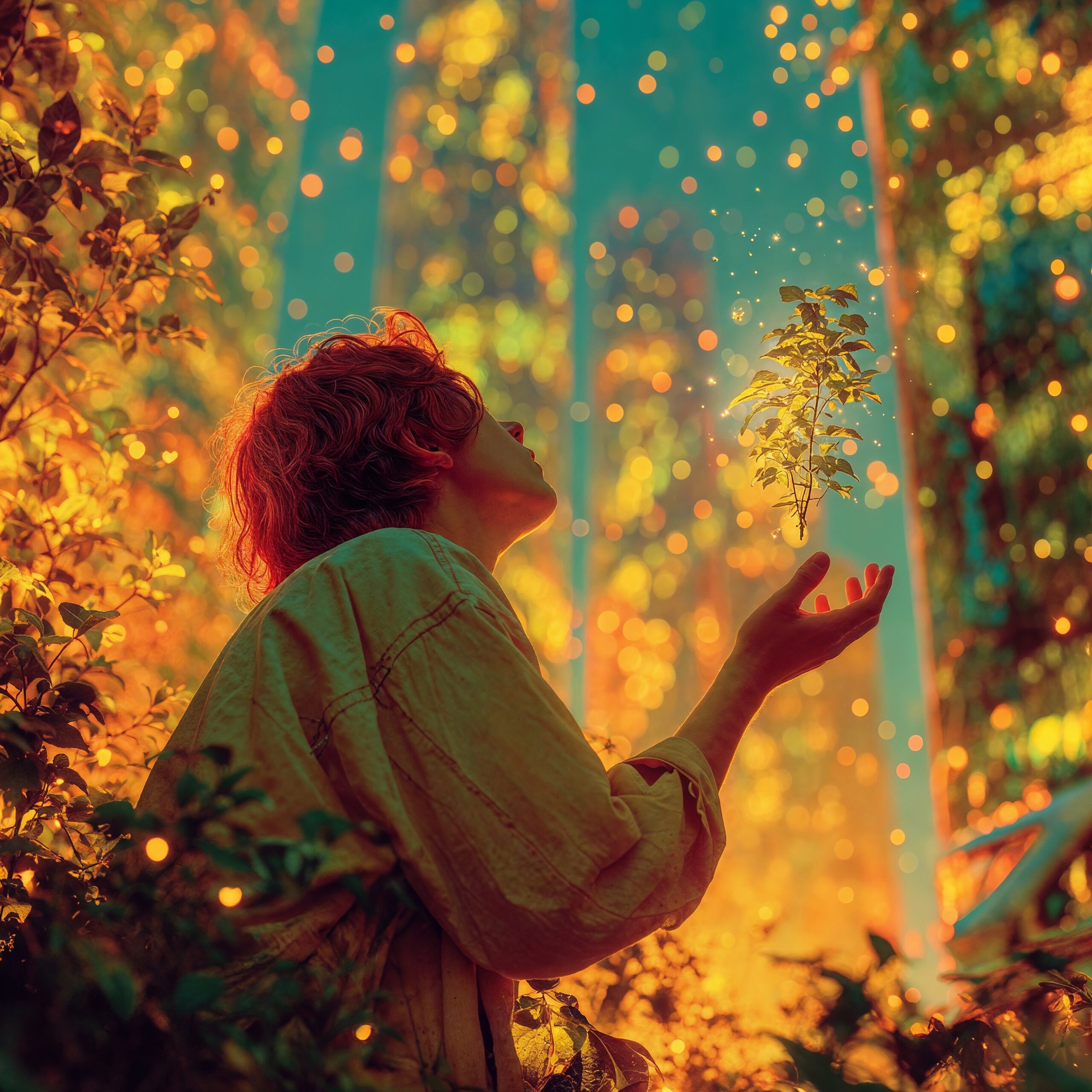 Céleste, une jeune femme aux cheveux roux, admire des particules lumineuses dorées dans une forêt enchantée.