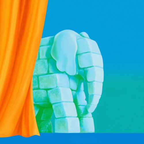 Illustration d'un éléphant en blocs de glace turquoise partiellement caché derrière un rideau orange.