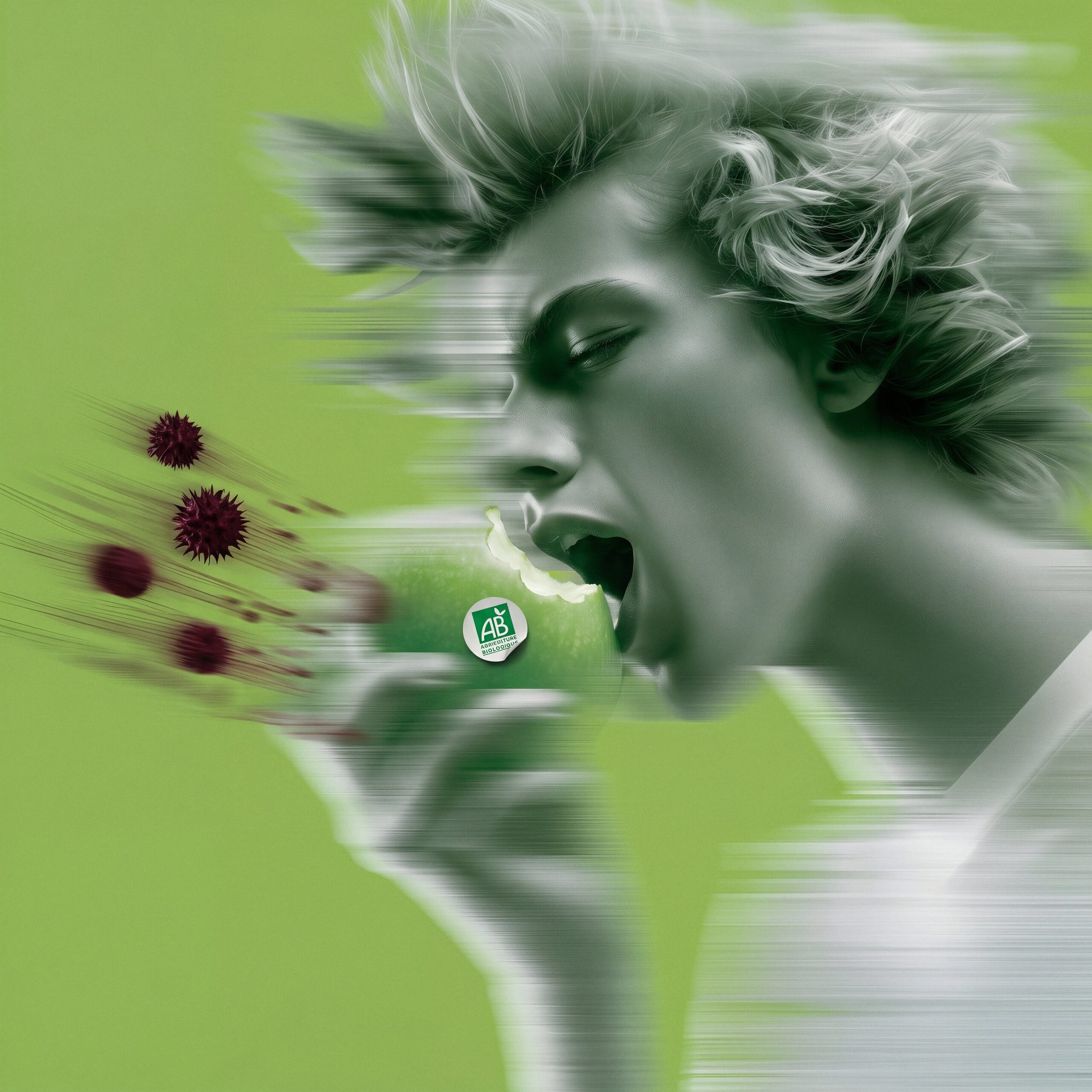 Illustration stylisée de profil d'une personne mordant dans une pomme verte.