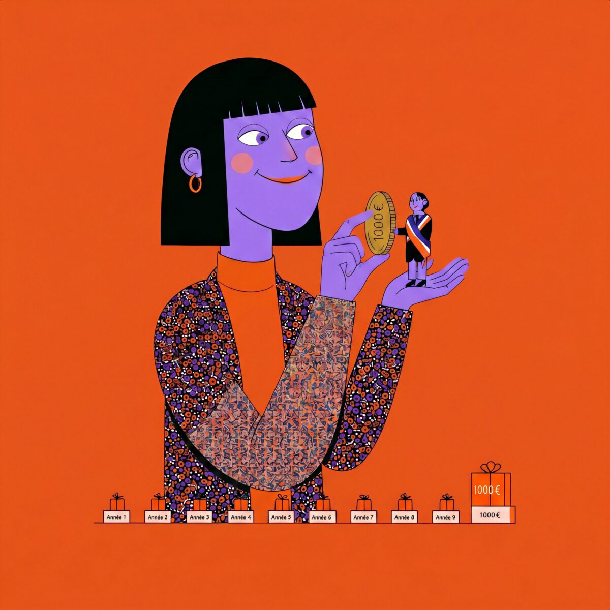 Illustration d'une femme stylisée tenant un petit personnage et une pièce dorée.